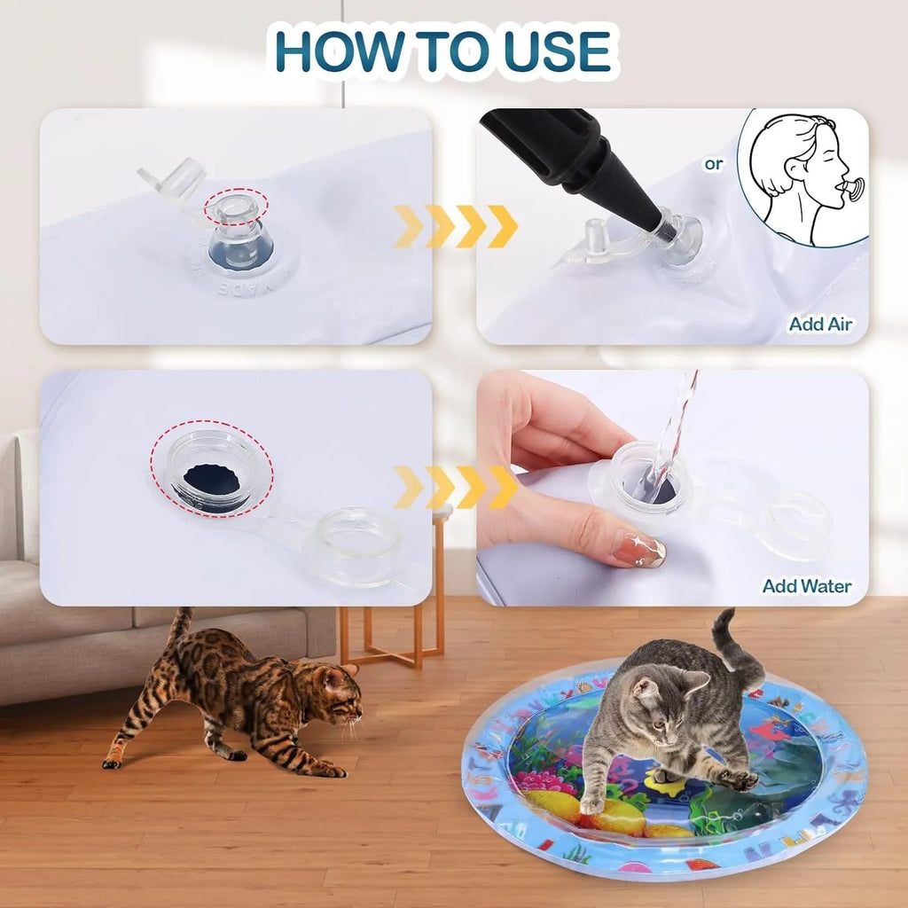 Square blue water sensory playmat for cats with floating fish toys inside, shown inflated on a floor.