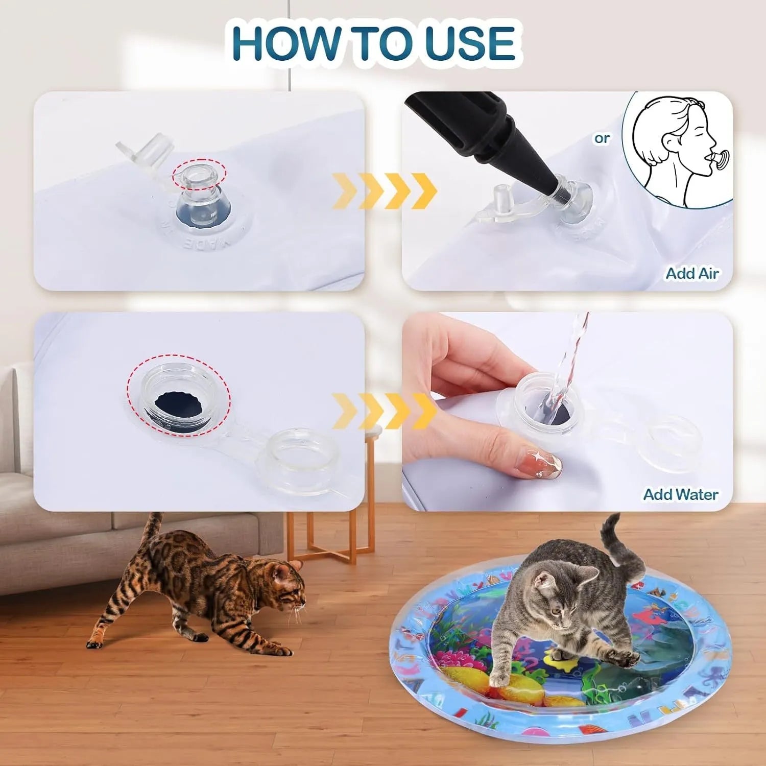 Square blue water sensory playmat for cats with floating fish toys inside, shown inflated on a floor.