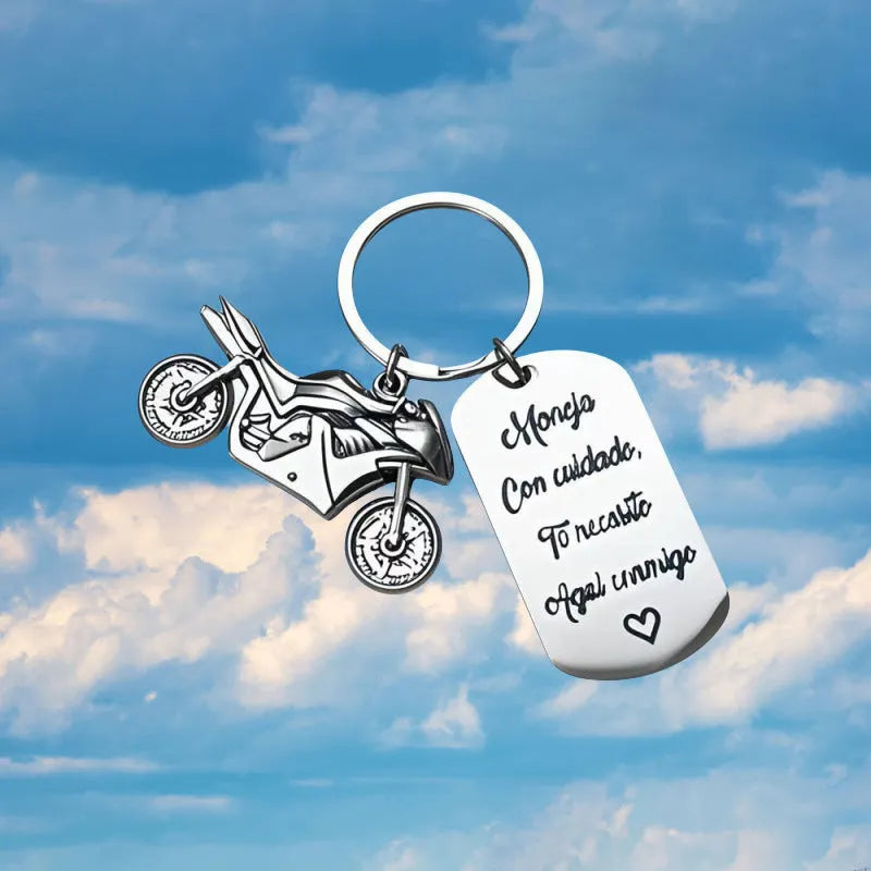 Stainless steel motorcycle key ring with modern design and protective flannel bag