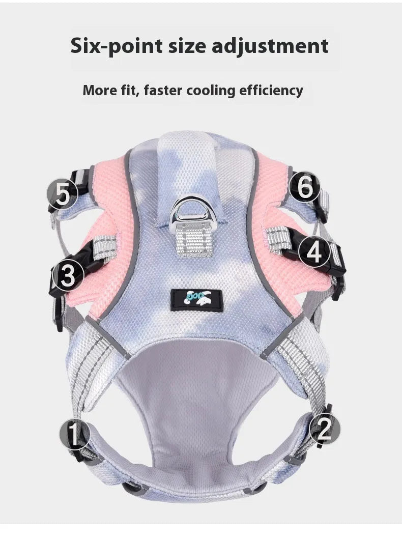 Reflective dog cooling chest strap harness in light blue on a dog.