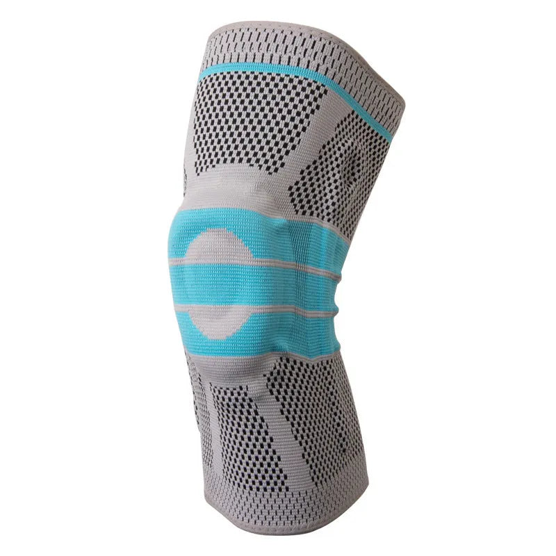 Sky blue silicone knee pad for running and basketball, made from elastic fibre.