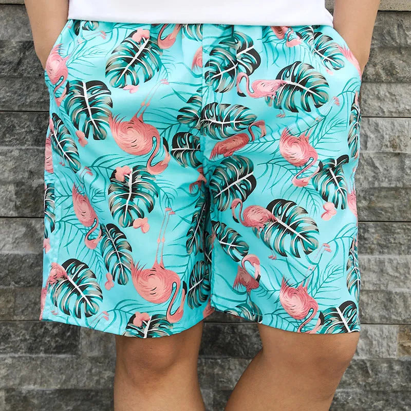 Men's floral print five-point swimming trunks in polyester fabric for pool and beach use