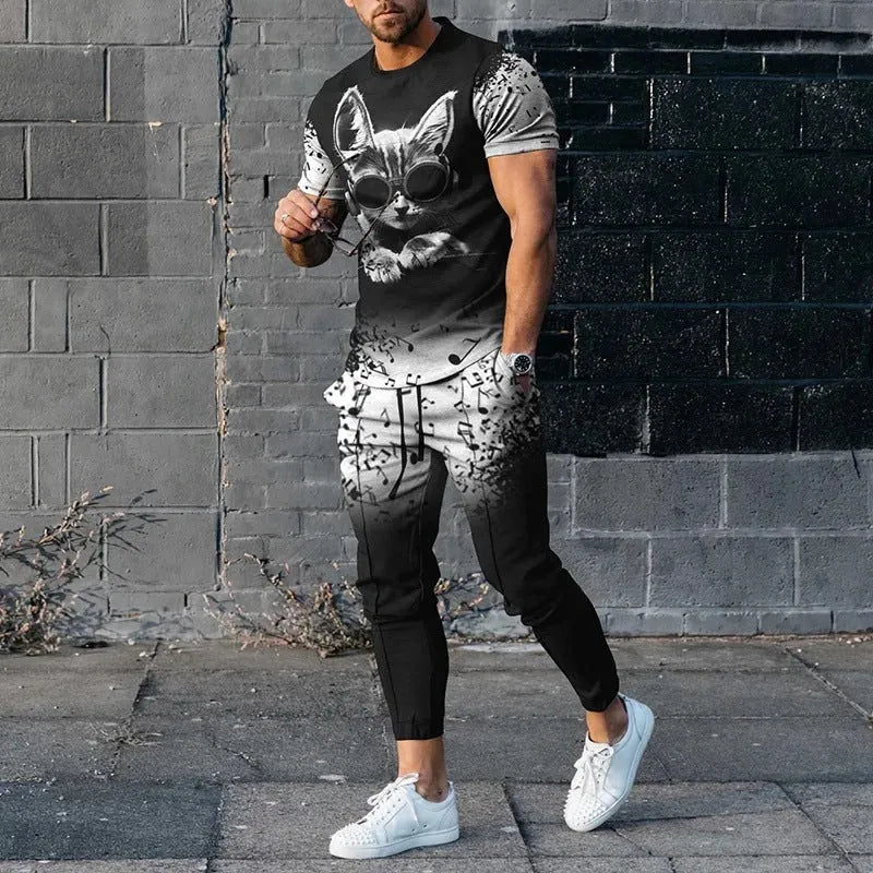 Man wearing a thin, short-sleeve printed pullover and matching trousers from a polyester sports suit set.