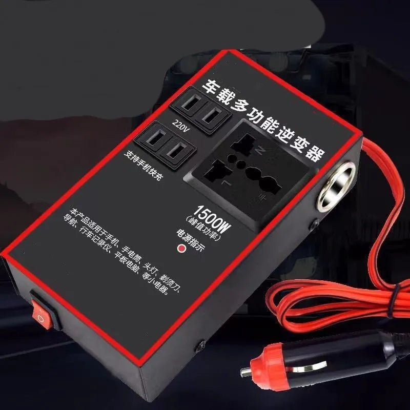Black automotive power converter transforming 12V/24V vehicle power to 220V AC with 4 USB charging ports