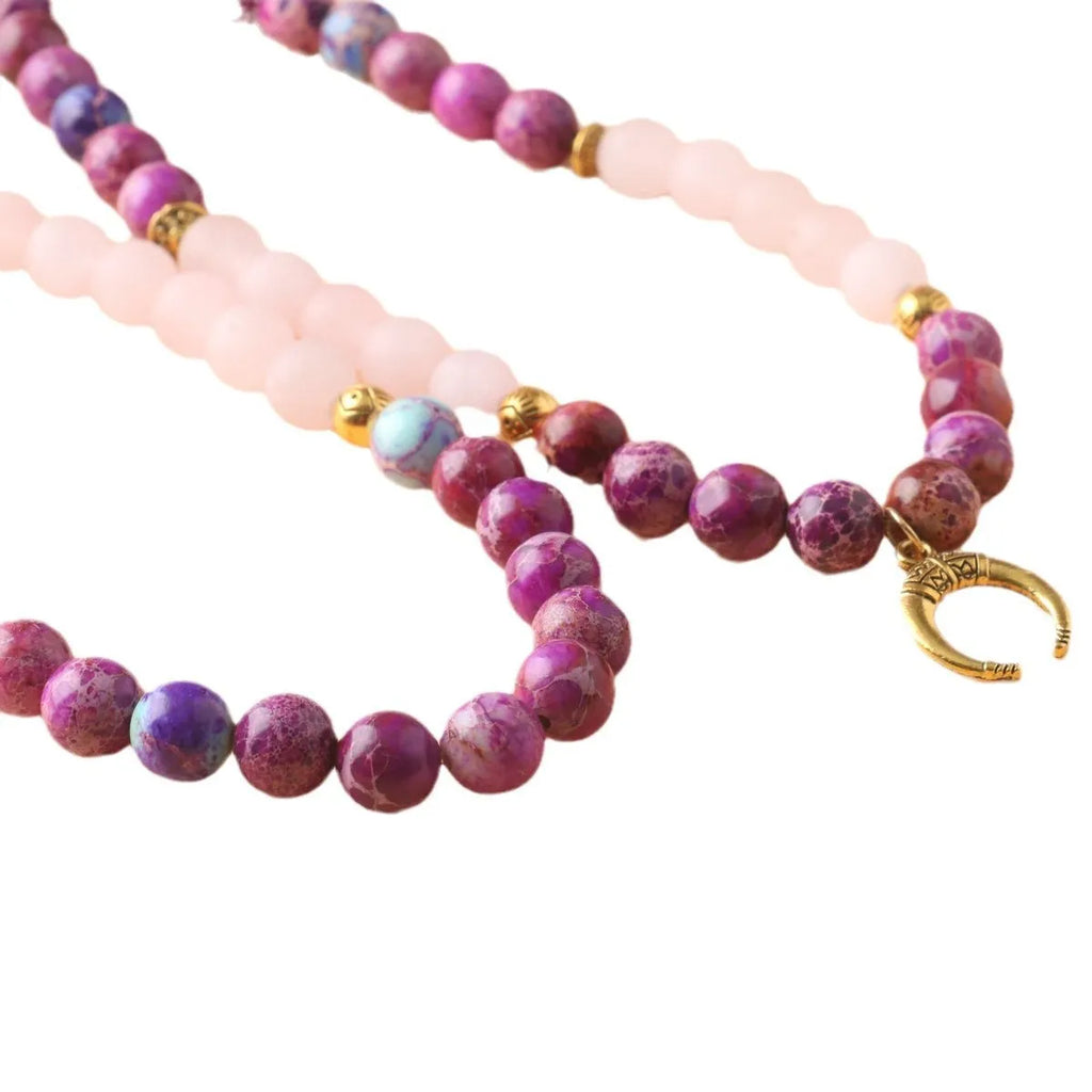 Pink crystal Emperor Stone beads pendant necklace on single chain for unisex casual wear