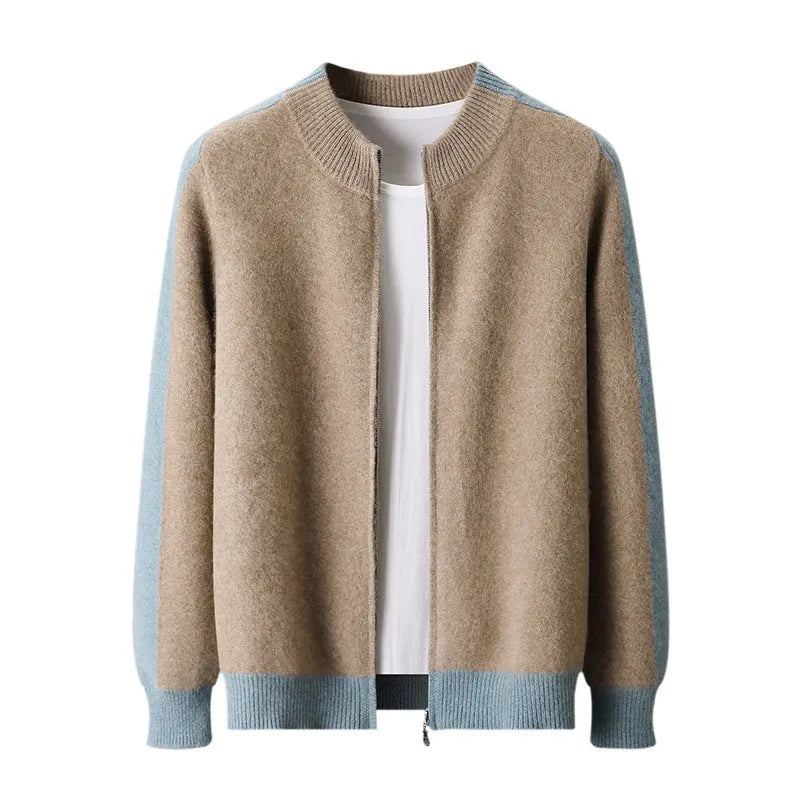 Man wearing dark blue half turtleneck zipper cardigan sweater with loose fit design