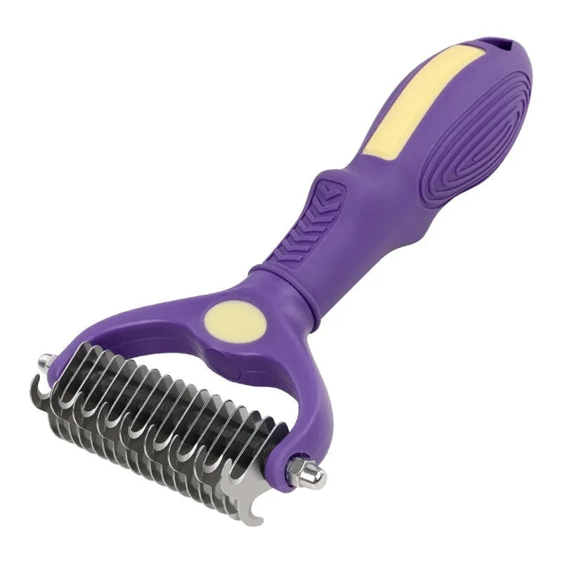 Purple plastic double-sided pet grooming comb for untangling knots on dogs and cats.