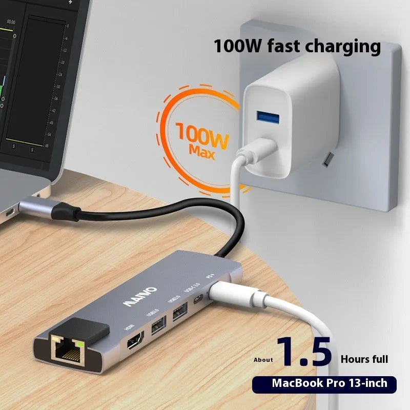 Steam Deck six-in-one aluminium docking station with HDMI, Ethernet, and USB ports.