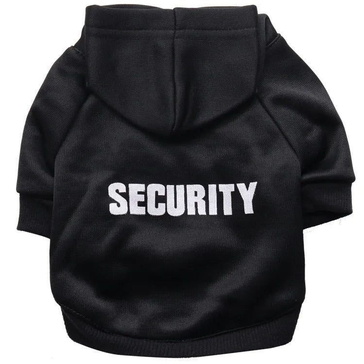 Fleece printed dog clothes in style A on a small dog, with collar opening and four leg holes