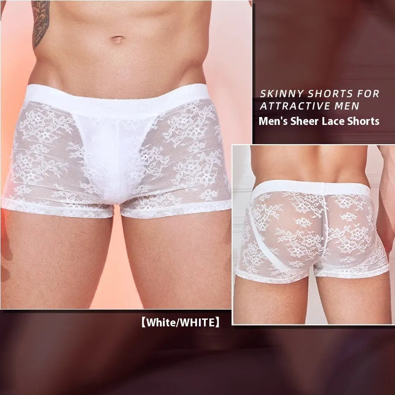 Men's black lace-trimmed nylon boxers laid flat, showing free size fit.