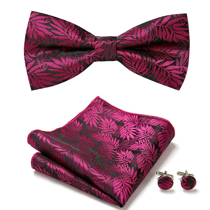 Floral Bow Tie Set of Three Pieces Polyester Yarn Hand-Sewn 12cm by 6cm Bow Tie with Matching Pocket Square 25x25cm and Cufflinks 1.5cm for Men's Formal Wedding and Party Accessories Multistyle Options