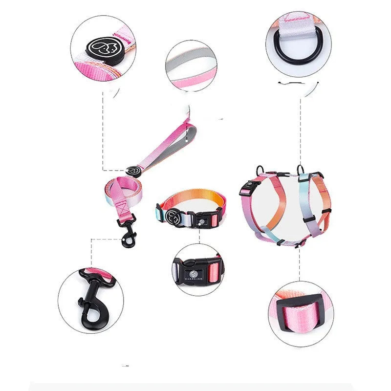 Gradient colour pet chest strap harness in polyester with size options for dog walking