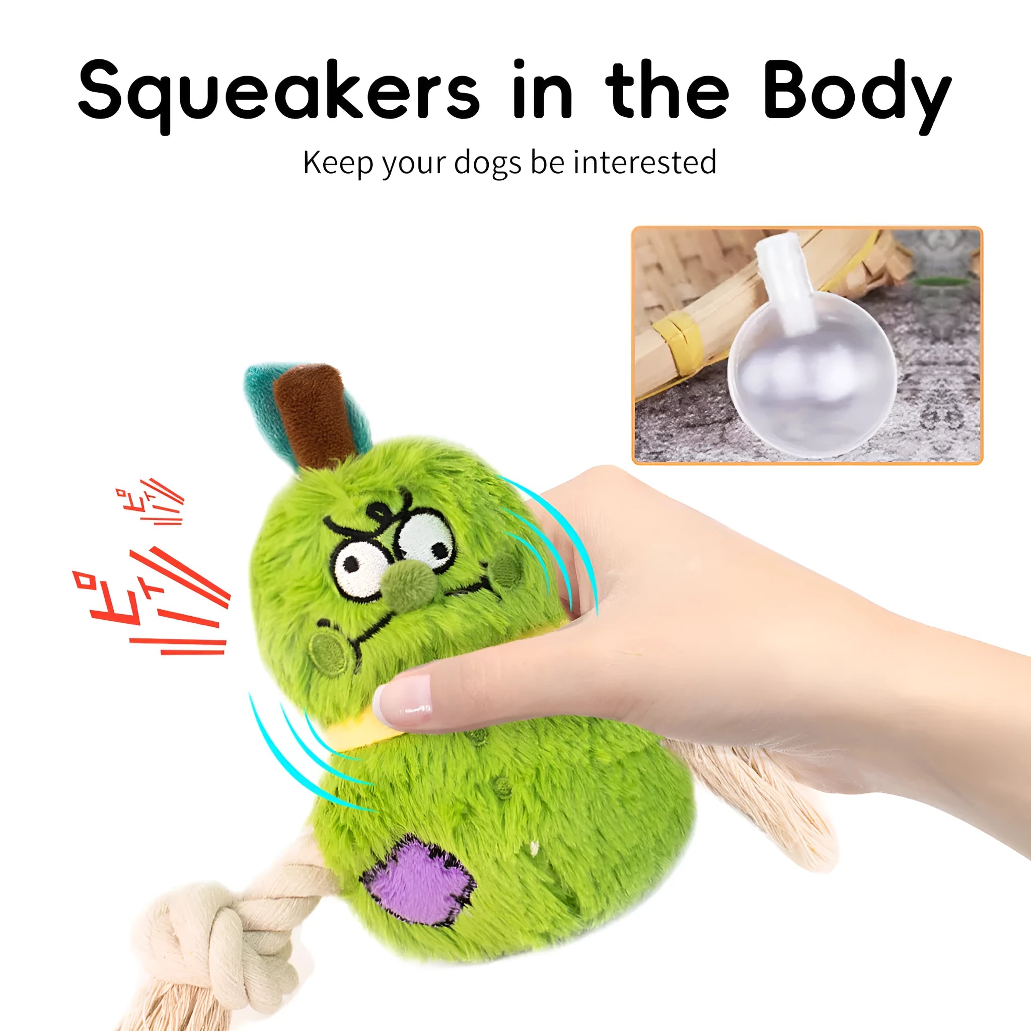 Green or purple plush rope knot dog toy with built-in molar tooth elements for tug-of-war and dental play
