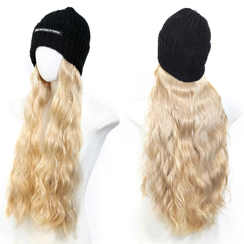 Hat wig with knitted hat and long curly high temperature fibre synthetic hair for ladies