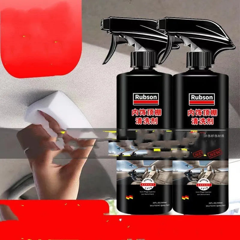 Fabric roof foam decontamination cleaner bottle with towel and sponge wipes for interior car ceilings