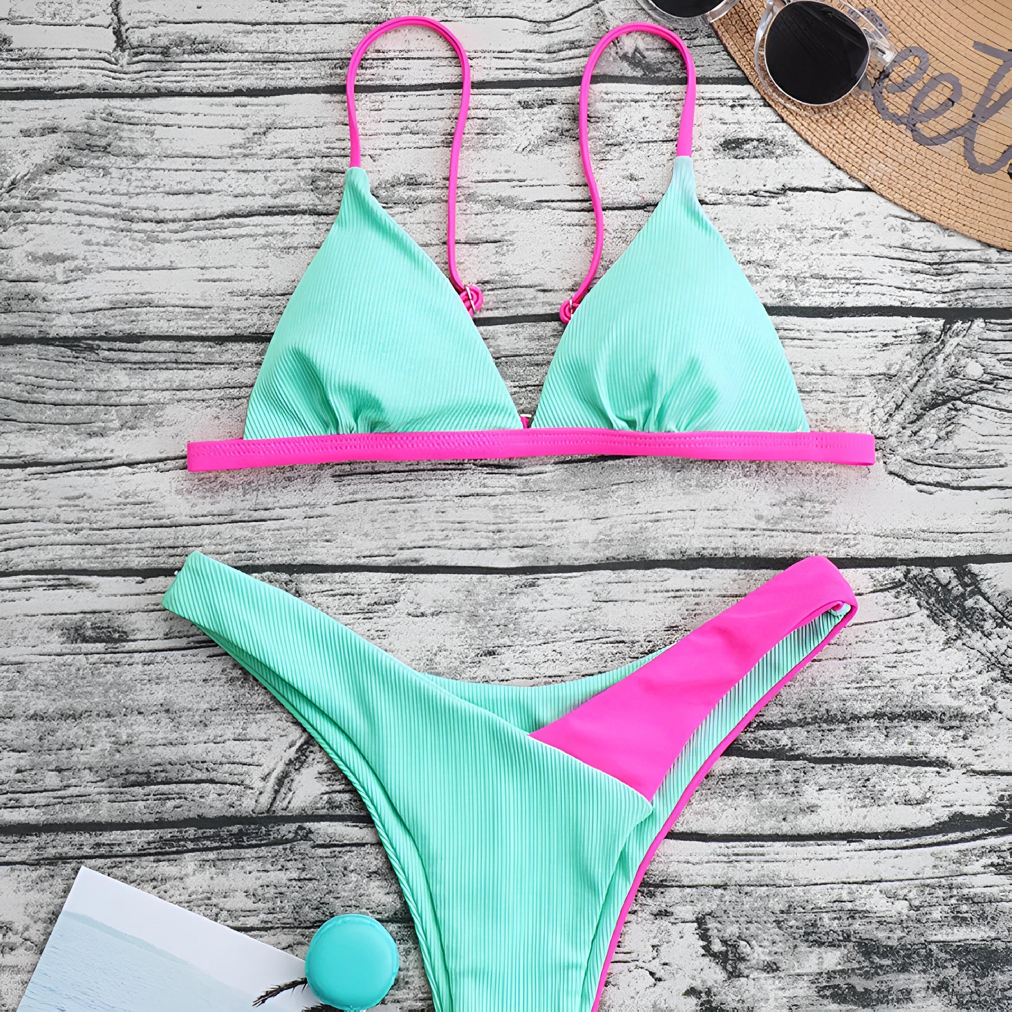 Women's two-piece swimsuit in briefs style, nylon fabric, showing Pattern 1 and Pattern 2 colour options.