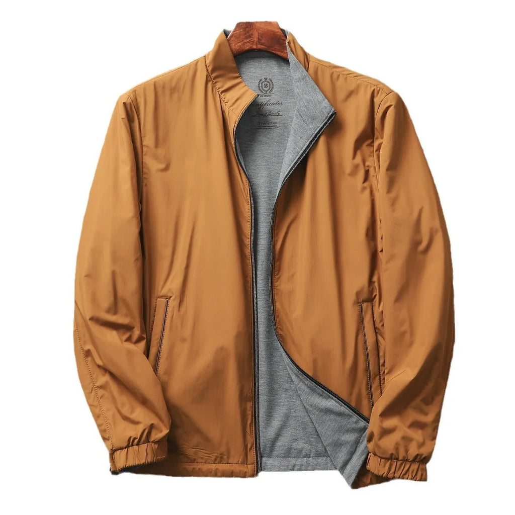 Men's stand collar casual jacket in Army Green colour on a hanger.