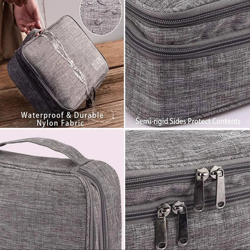 Grey waterproof double-layer travel cable organizer bag with portable handle and multiple pockets