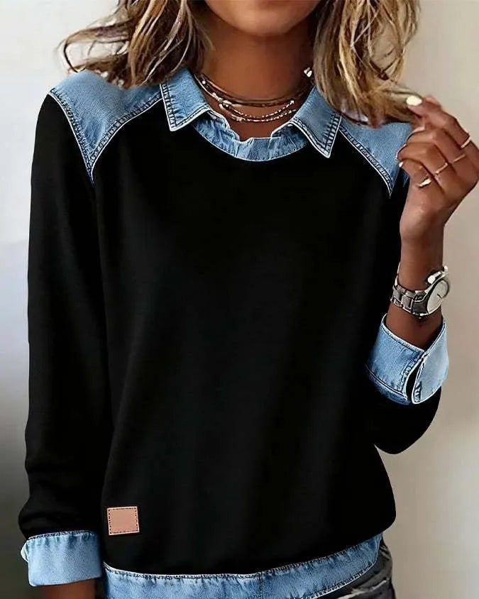 Denim collar long sleeve pullover knitwear top with contrast denim collar, solid colour body, street fashion style
