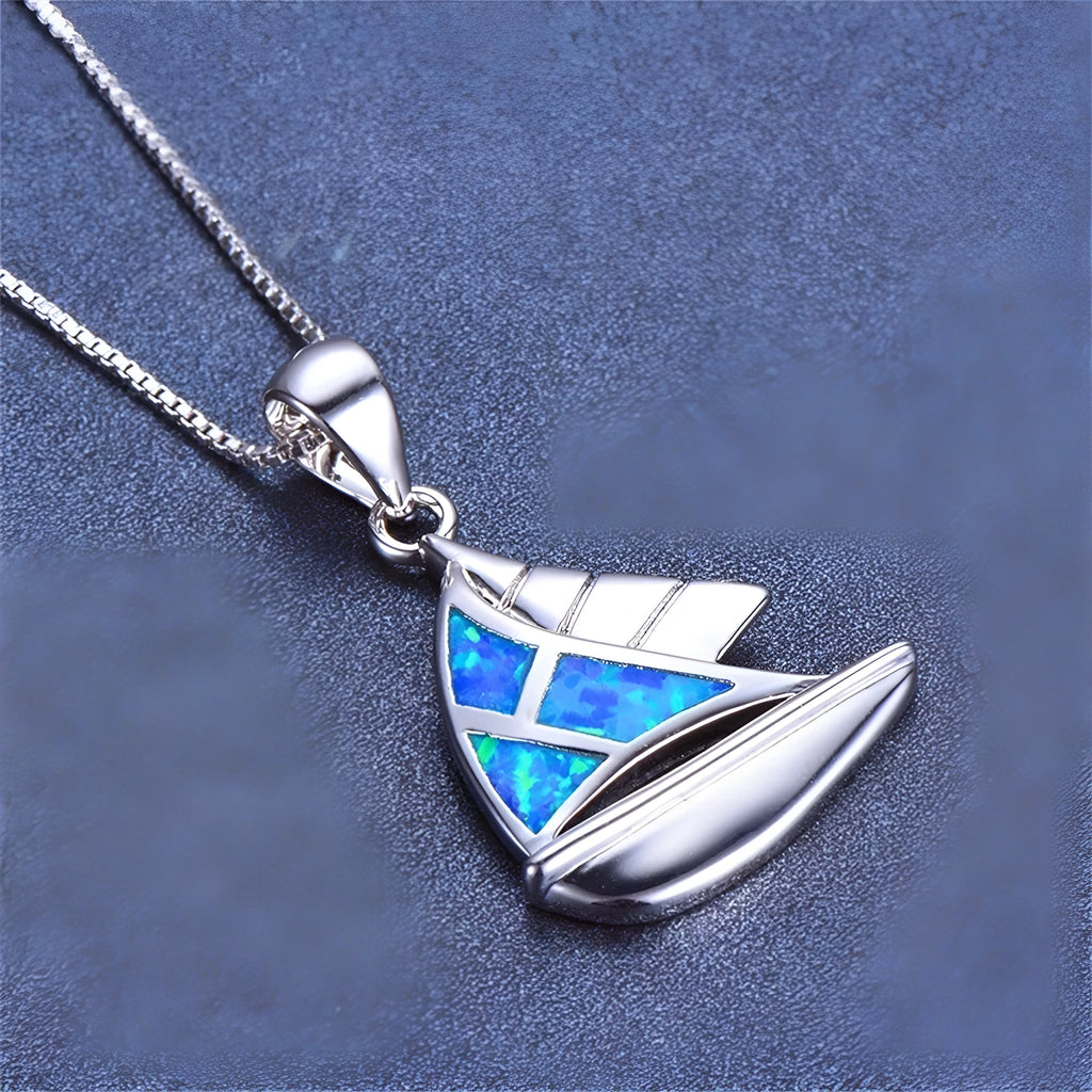Women's sailboat pendant necklace in opal on alloy box chain with five colour options