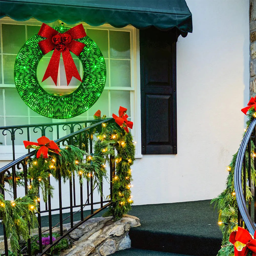 50cm handmade Christmas garland with bowknot, 140 LED warm lights, gold or green, for door or wall