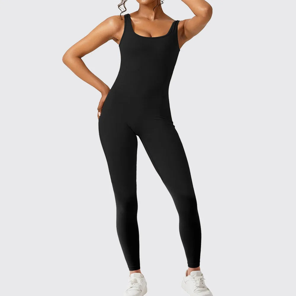 Women's sleeveless flare jumpsuit for yoga and fitness in high-elasticity polyester, shown in various colours.
