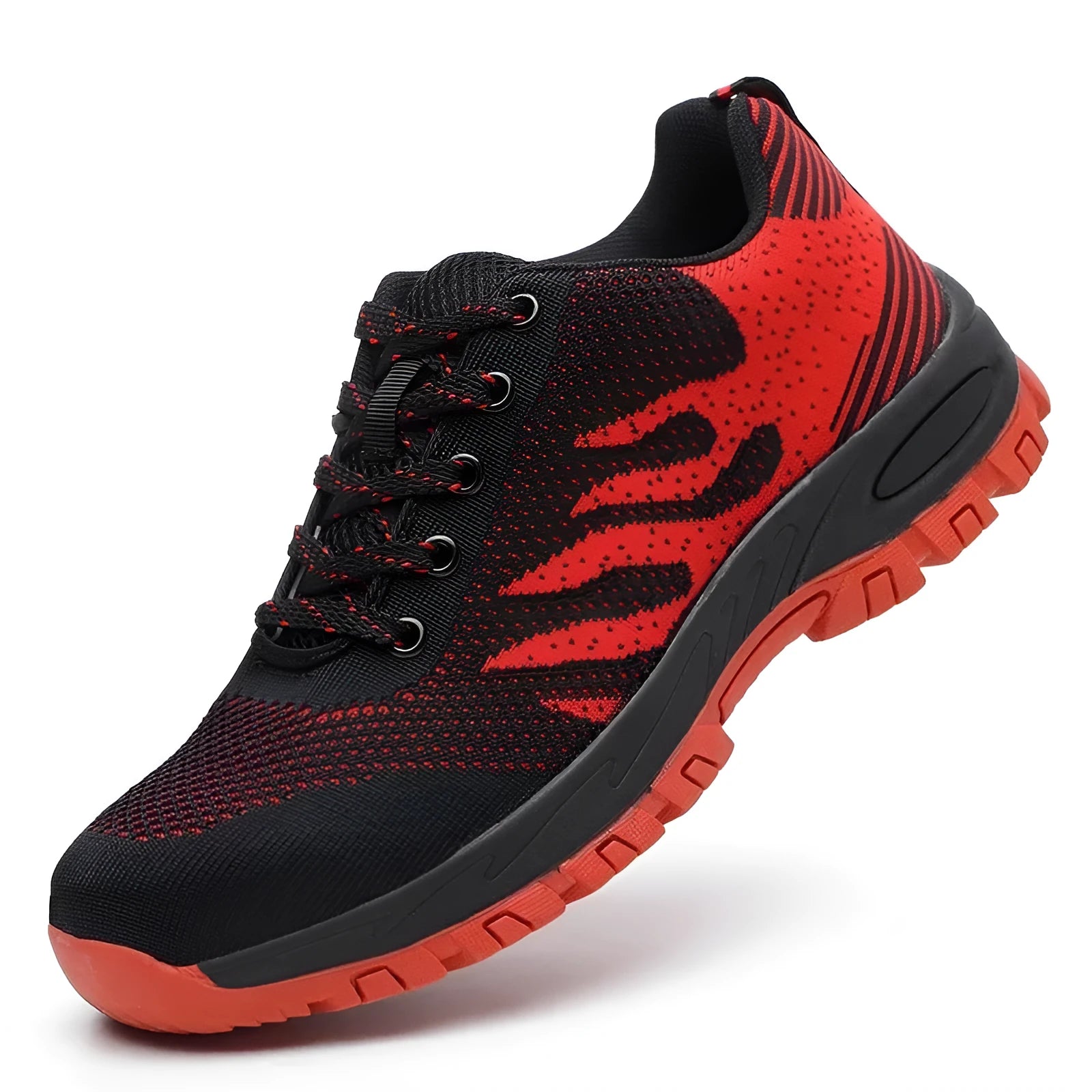 Red low-top safety shoes with a mesh upper and a visible steel toe cap, shown on a grey background.