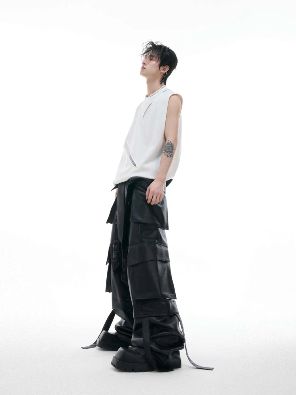 Hollow mesh sleeveless vest with metal decoration, washed cotton blend, slim fit, black grey white, Asian sizes L M XL