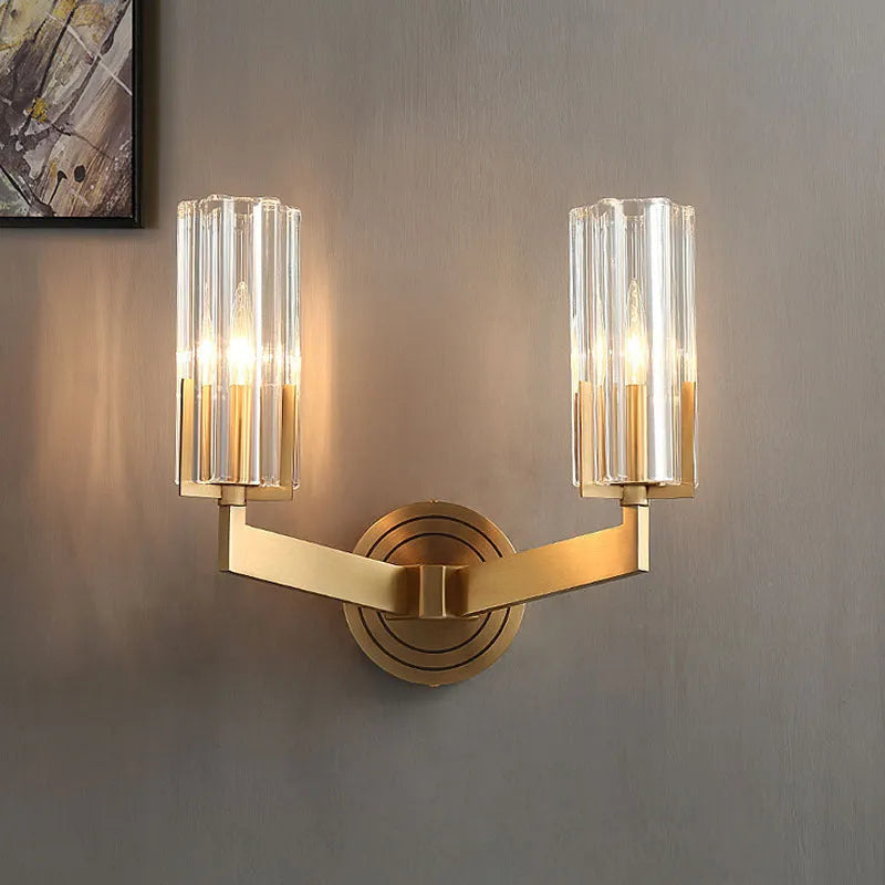 Copper wall lamp with modern minimalist design showing single-head and double-head configuration options