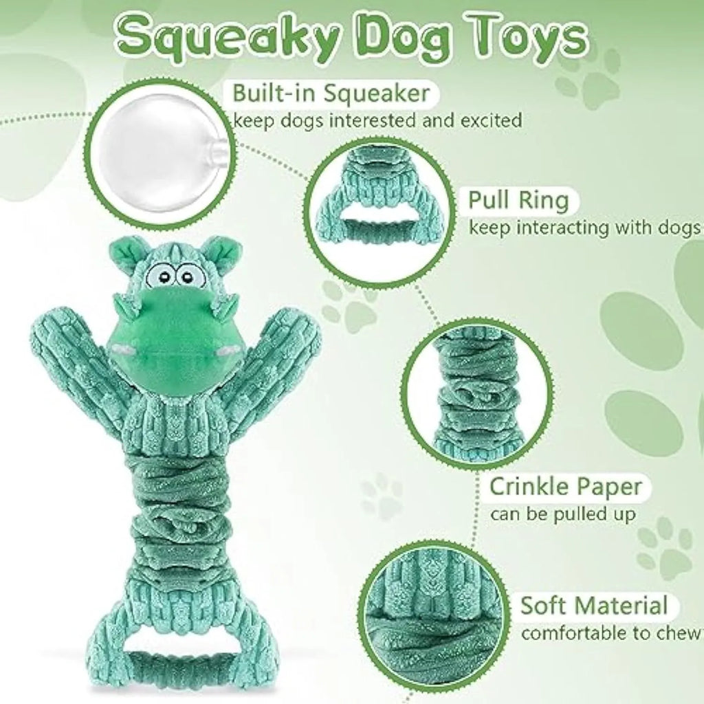 Large plush squeaky dog toy in bright colours with a handle, shown in Hippo and Monkey designs.