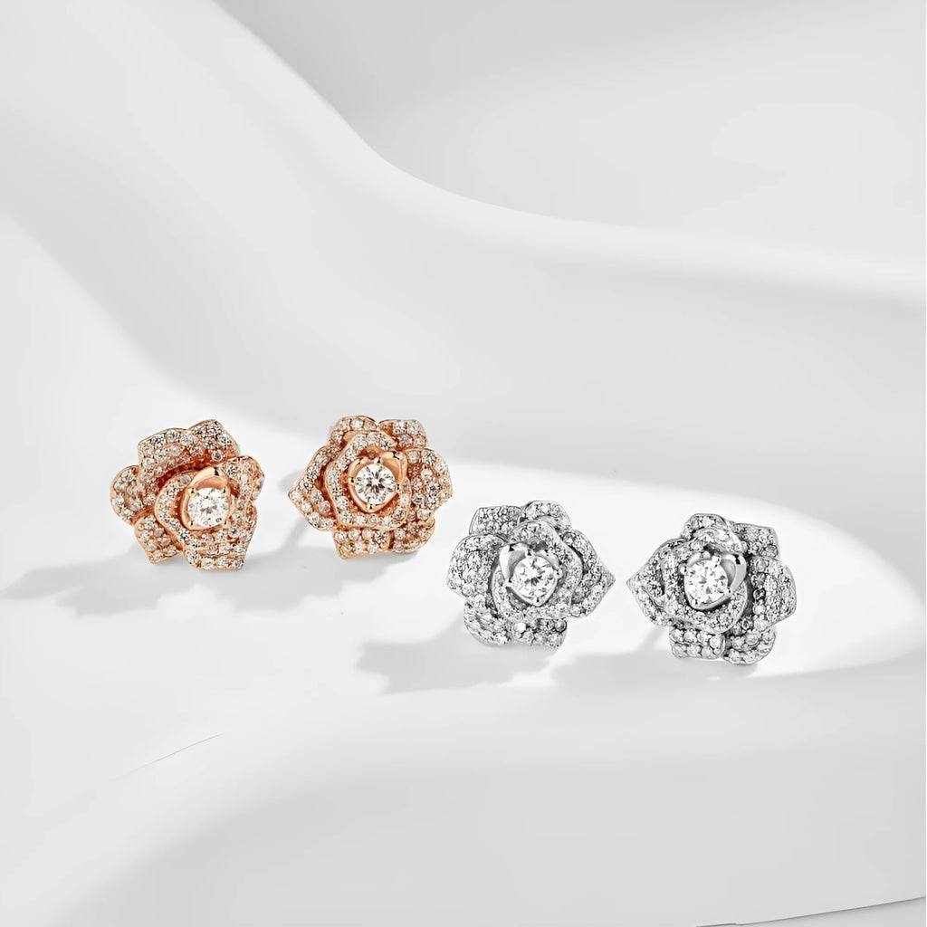 S925 sterling silver stud earrings with rose zircon inlay in platinum finish