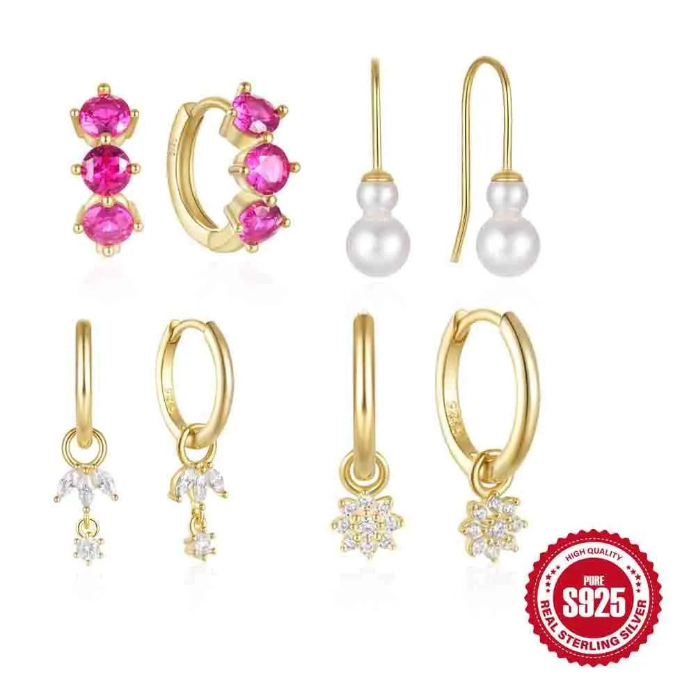 Golden geometric sunflower earrings made from sterling silver with inlaid zircon stones.