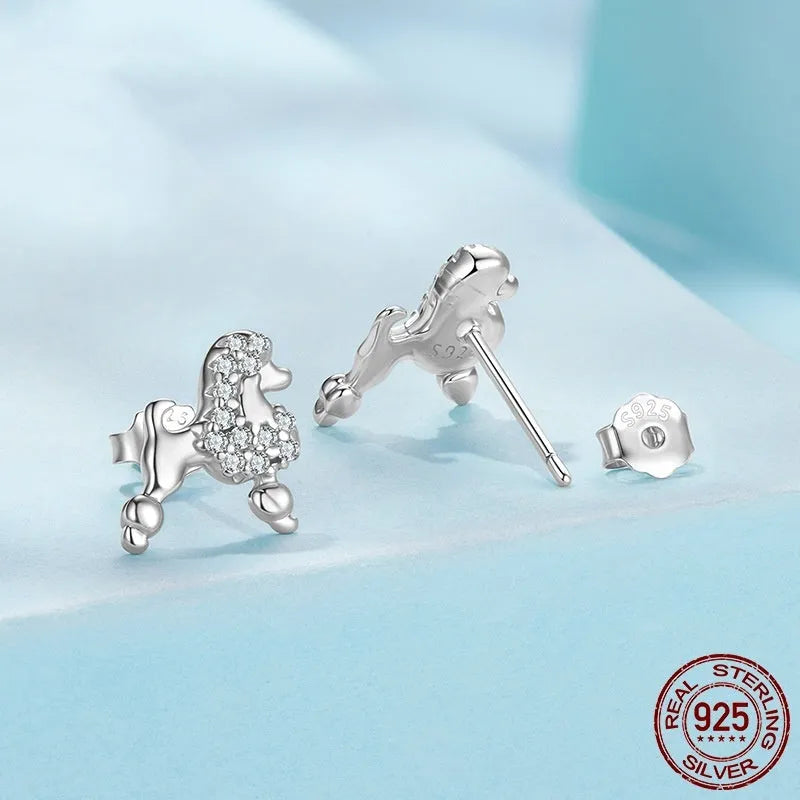S925 sterling silver mini poodle stud earrings for women cute dog animal zodiac jewellery
