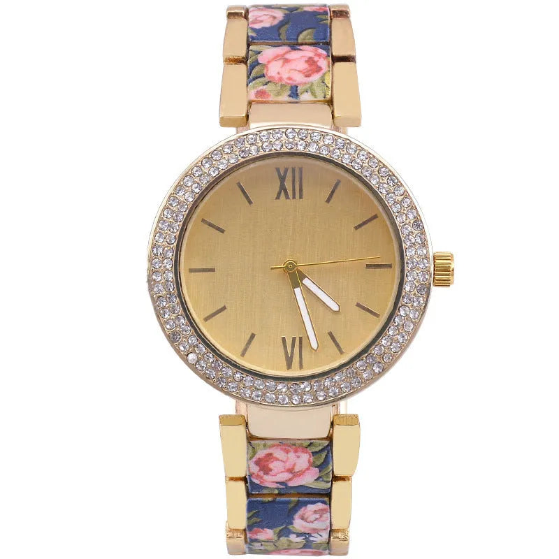 Women's fashion printing steel watch with printed spot drill dial, ordinary glass mirror and stainless steel bottom