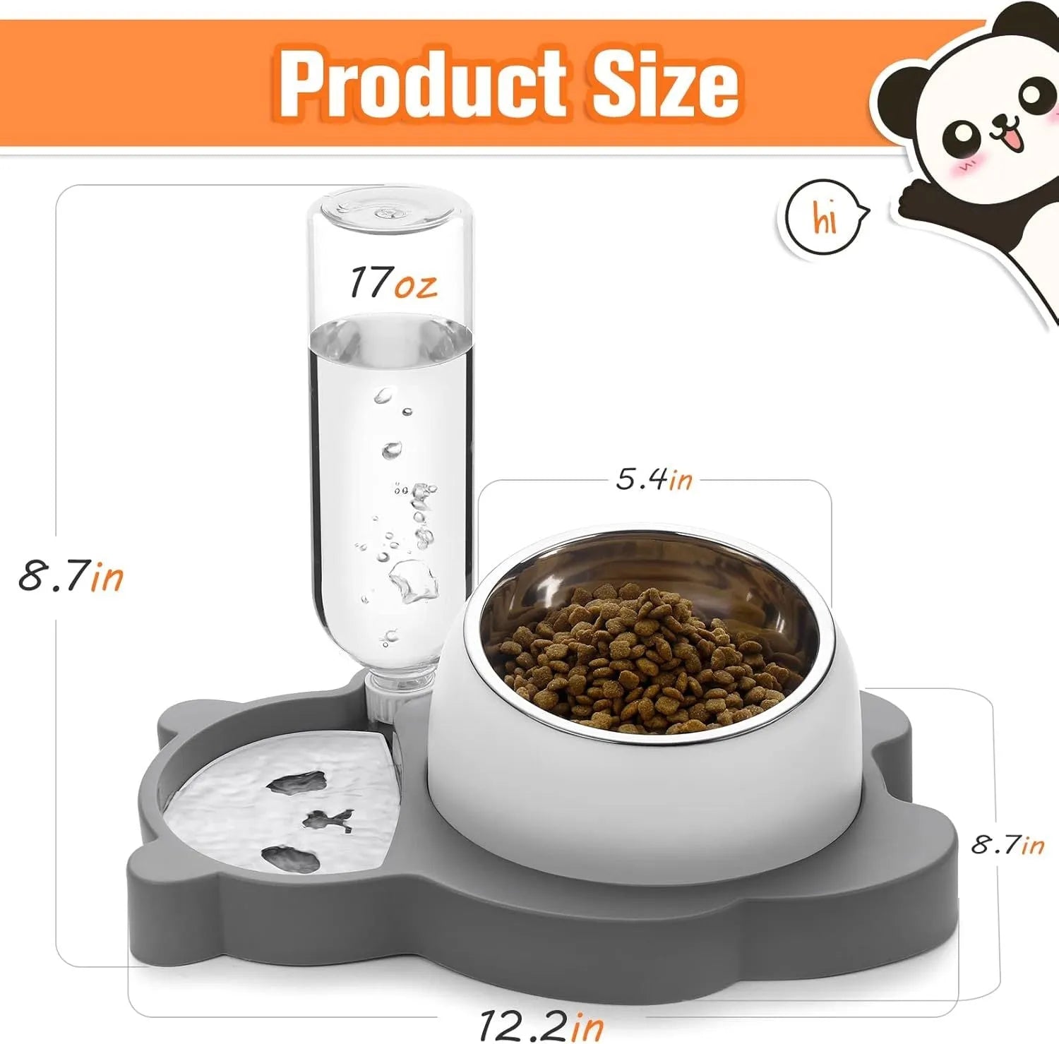 Grey panda-shaped raised pet feeder with tilted stainless steel bowls and a water bottle on a white background.