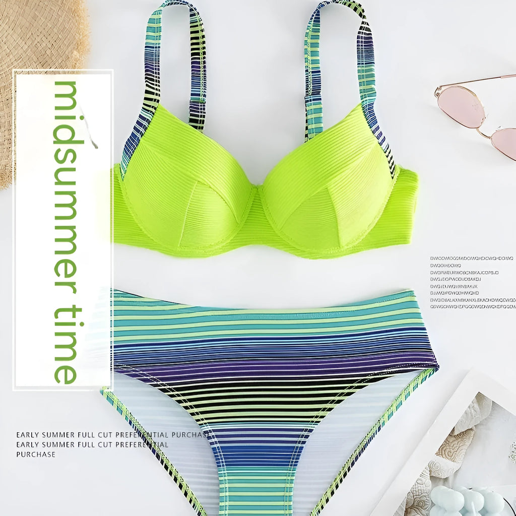 Green printed halter bikini set for women with split briefs