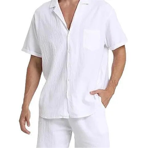 Men's linen summer sports shorts suit with short-sleeved top and matching shorts in army green colour