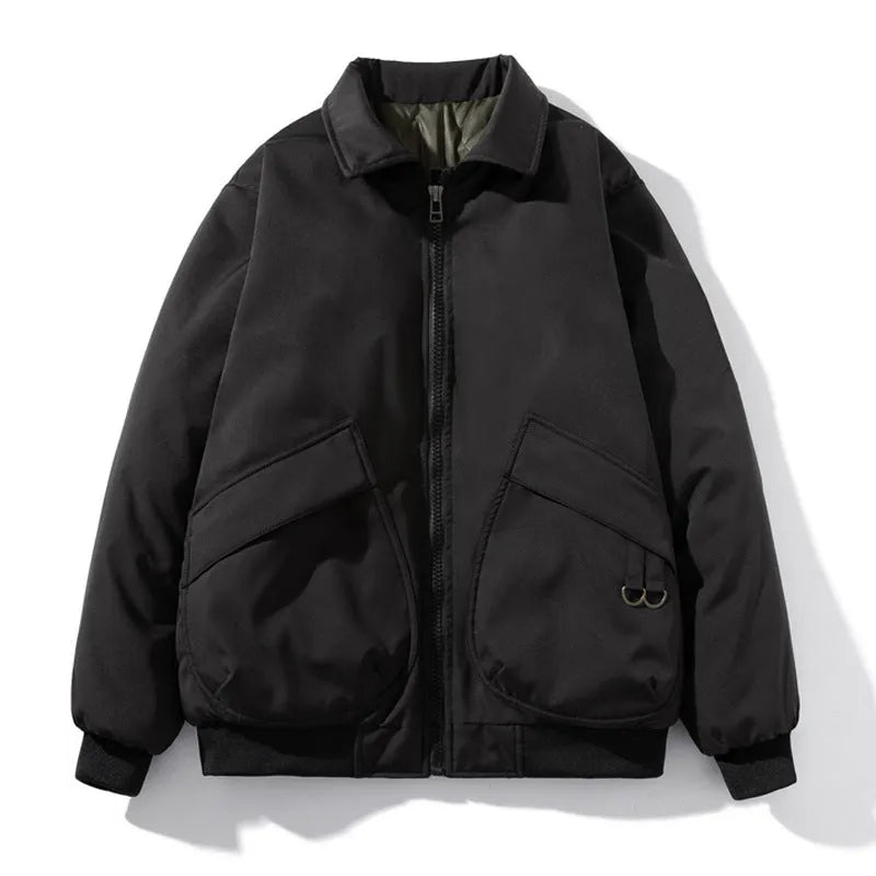 Men's loose fit bomber jacket with raglan sleeves, available in black, army green or light green, winter thickened or thin.