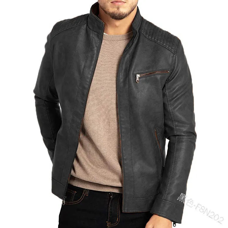 Men's brown punk-style artificial leather motorcycle jacket with a stand collar and patch pocket.