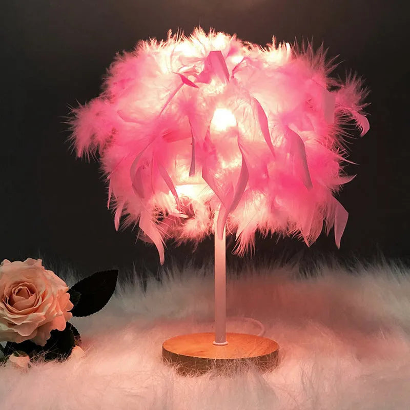 LED feather table lamp with wooden art base, USB cable with switch, available in pink or white feather models