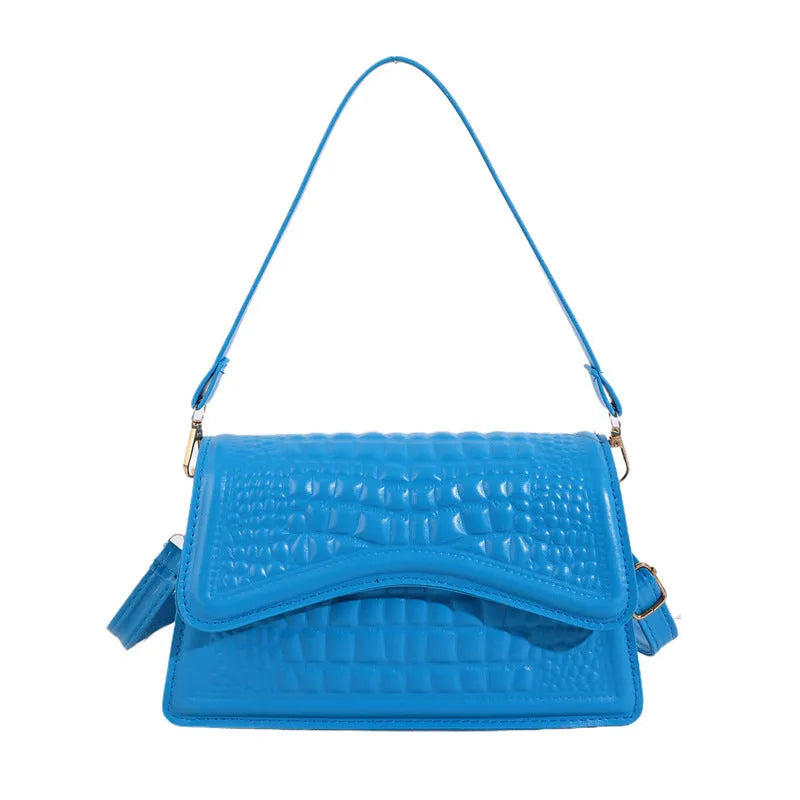 Crocodile pattern horizontal square PU messenger bag in five colours with phone pocket and synthetic leather lining