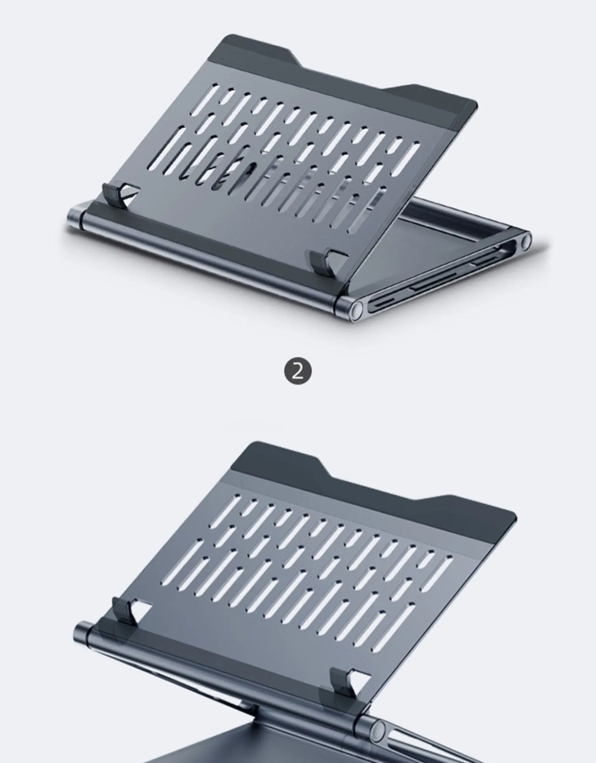 Aluminium alloy laptop stand with 8-in-1 docking station in deep space grey, cave-type design with silicone pads