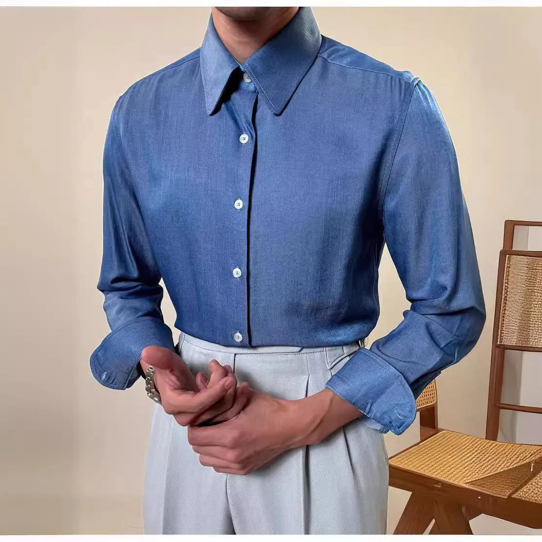 Men's slim fit long sleeve shirt with round collar in sky blue and denim blue colour options