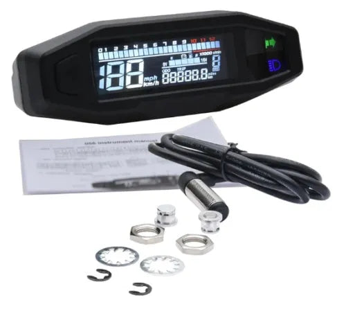 Black mini motorcycle LCD speedometer and oil gauge with white backlight display