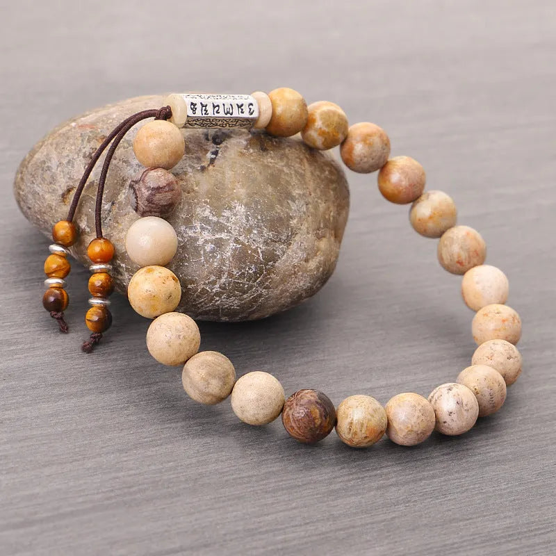 Handmade wood colour stone bead bracelet with original retro design.