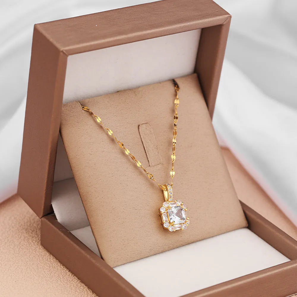Gold titanium steel clavicle chain with quadrilateral zircon pendant on water wave chain