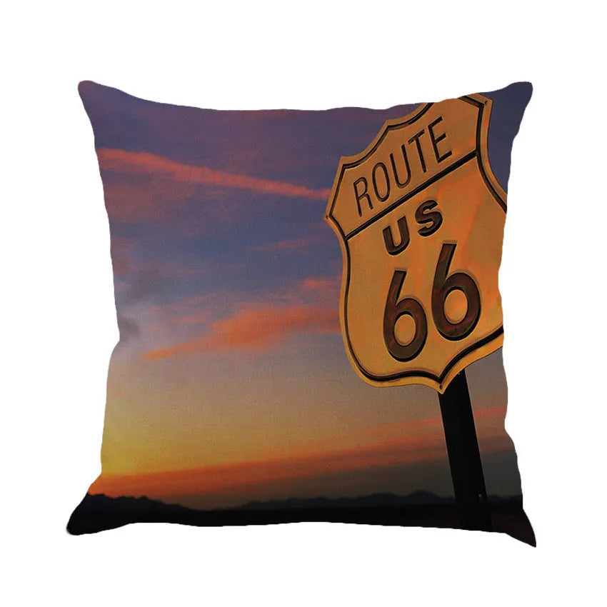 Route 66 American highway landscape print on a 45x45cm linen blend square pillow cover.