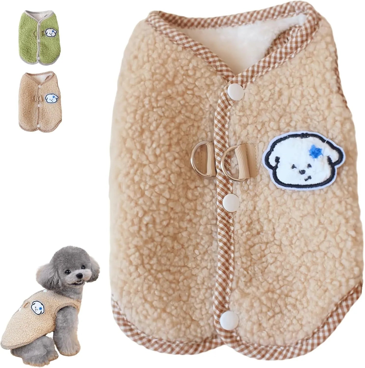 Green coral fleece dog vest with a metal leash ring on the back, fastened at the side on a small dog.