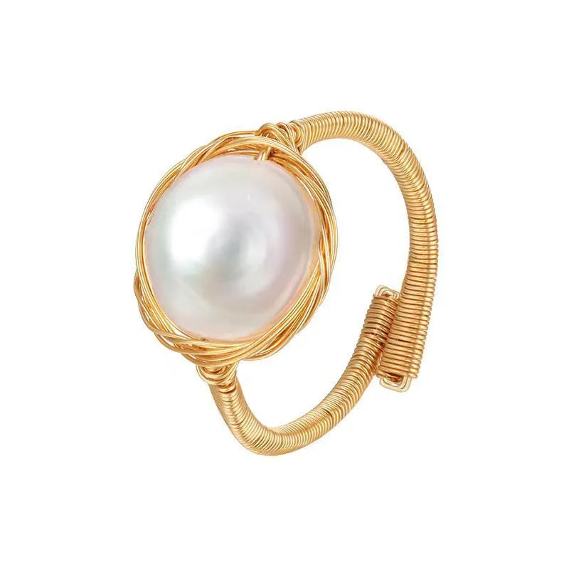Freshwater pearl ring with copper-plated gold, hand winding, open mouth adjustable fit