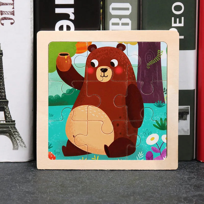 Children's wooden flat puzzle 11 x 11 x 0.4cm in Jellyfish, Excavator, Brachiosaurus, Bear, and Pterosaur designs
